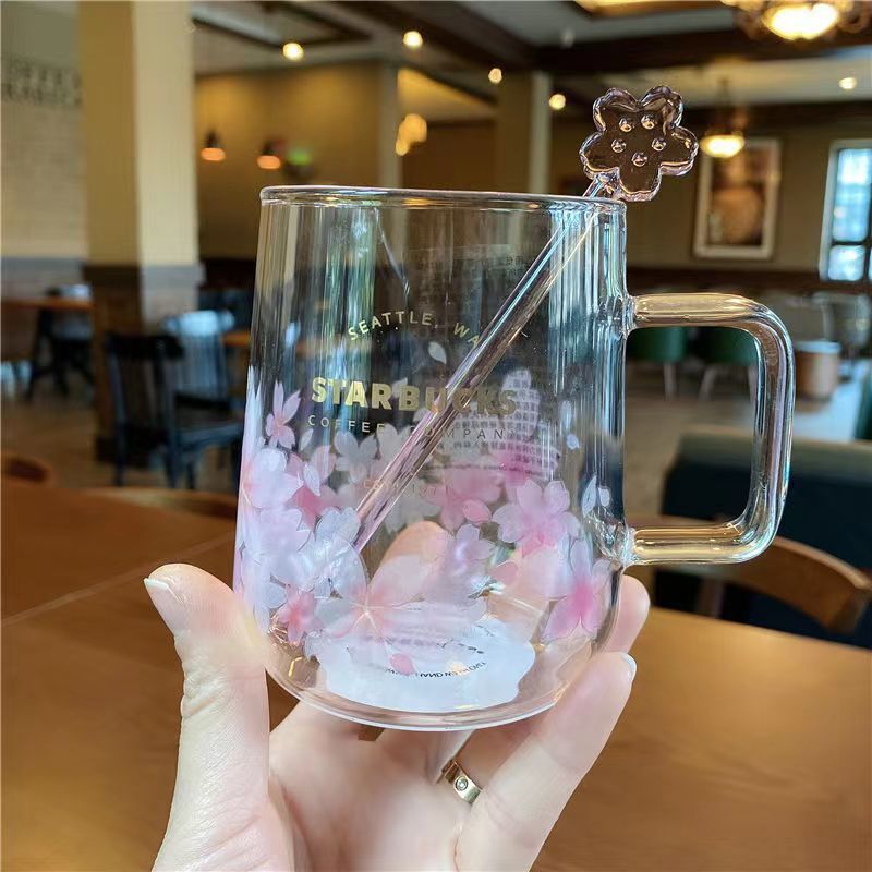 New Starbucks Pink Sakura Color changing Glass Coffee Mug Cup + Flower Stick