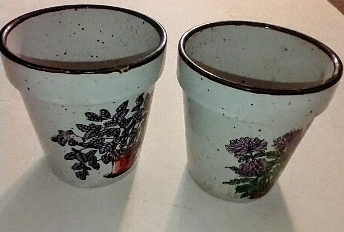Price Imports Japan Lot Of Two Small Speckled Pottery Planters - Flower Pots Vtg