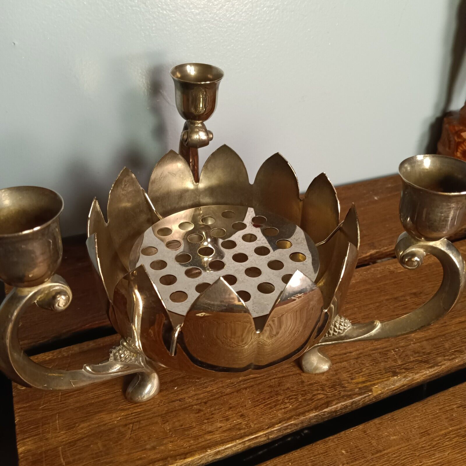 International Silver Co. 3 Armed Candlestick Holder, Center Lotus, Silver plated
