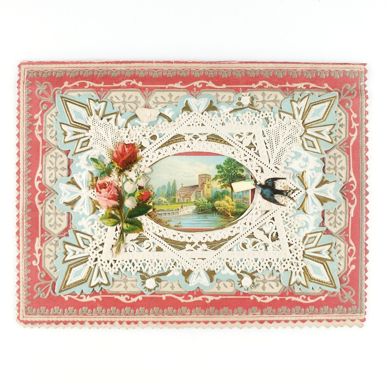 Floral Bird Paper Lace Valentine Card c1895 Antique Rose Swallow River Art B438