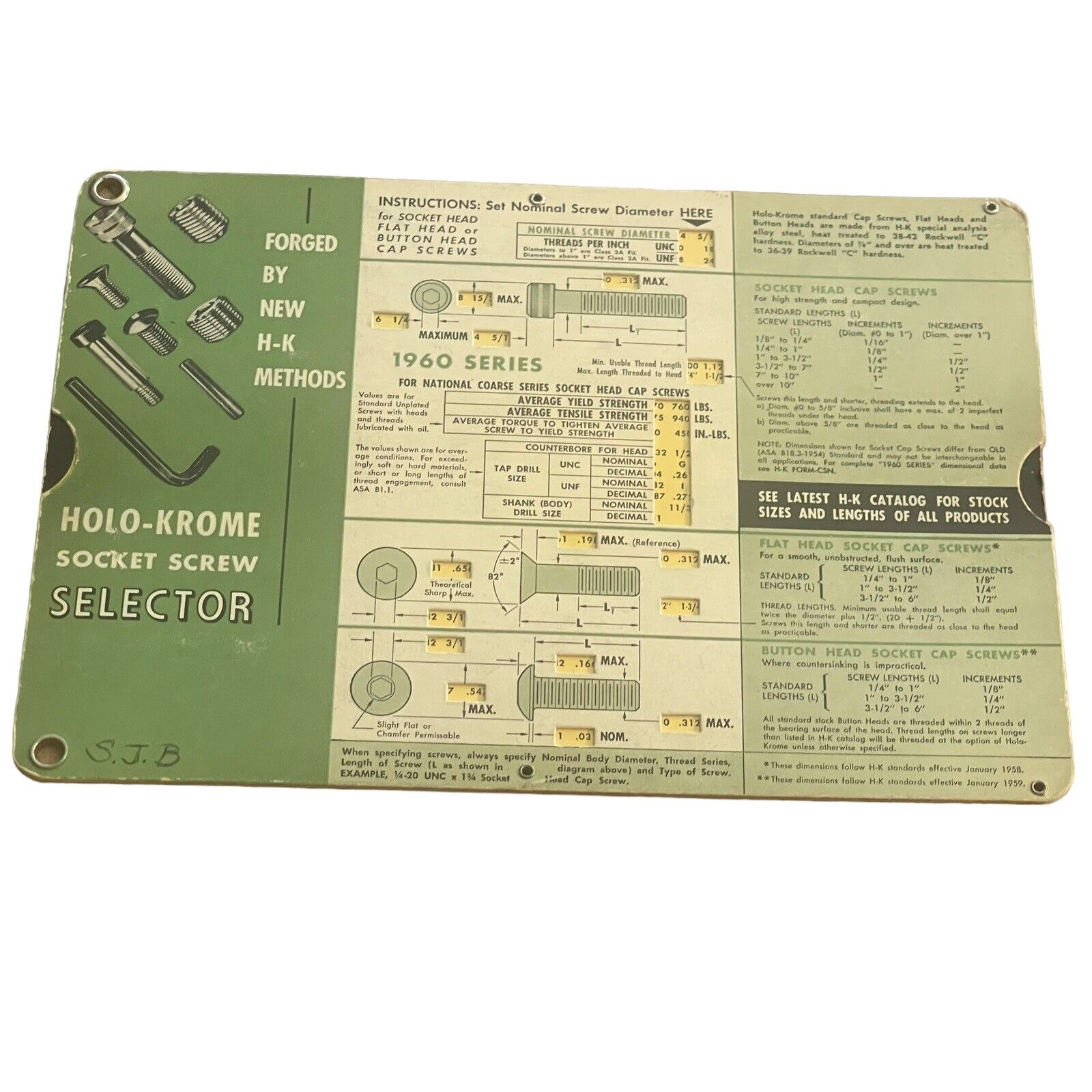 Holo-Krome Socket Screw Selector Slide Chart Inch & Metric Vintage 1960 USA
