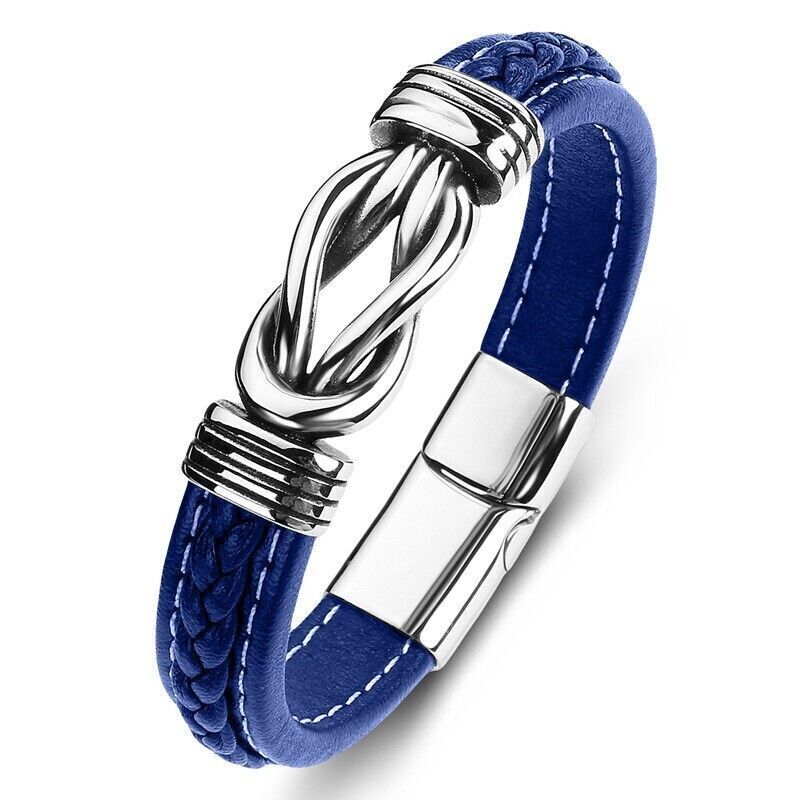 Men's Leather Braided Silver Bracelet Wristband Stainless Steel Wrist Bangle