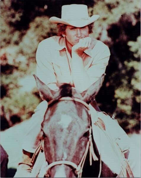 Michael Landon as Little Joe seated on horse 1970\'s era Bonanza 8x10 inch photo