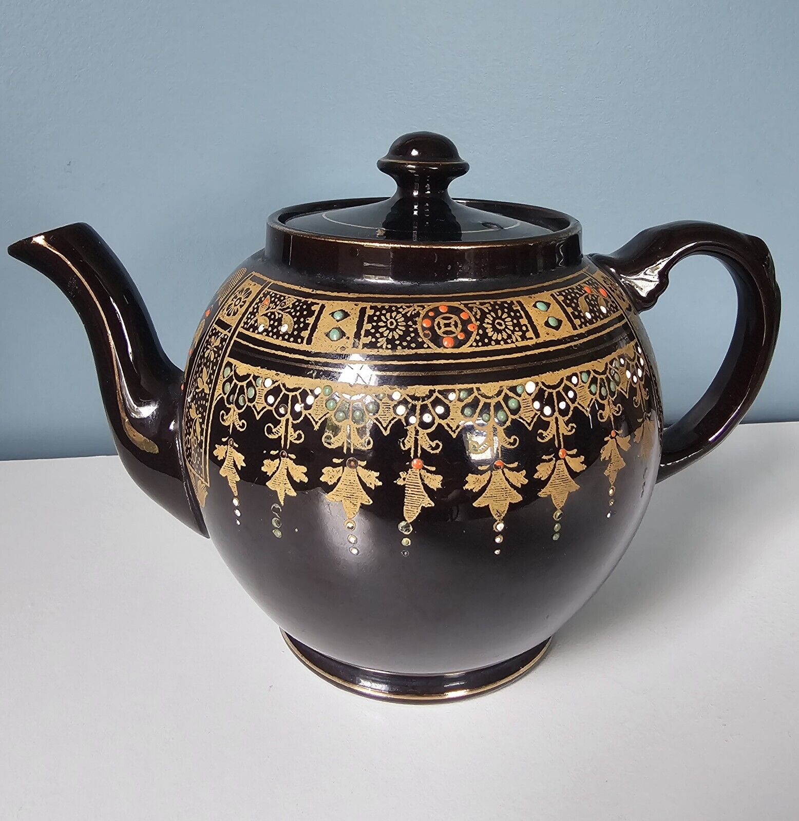 English made Brown Pottery antique teapot Hand painted
