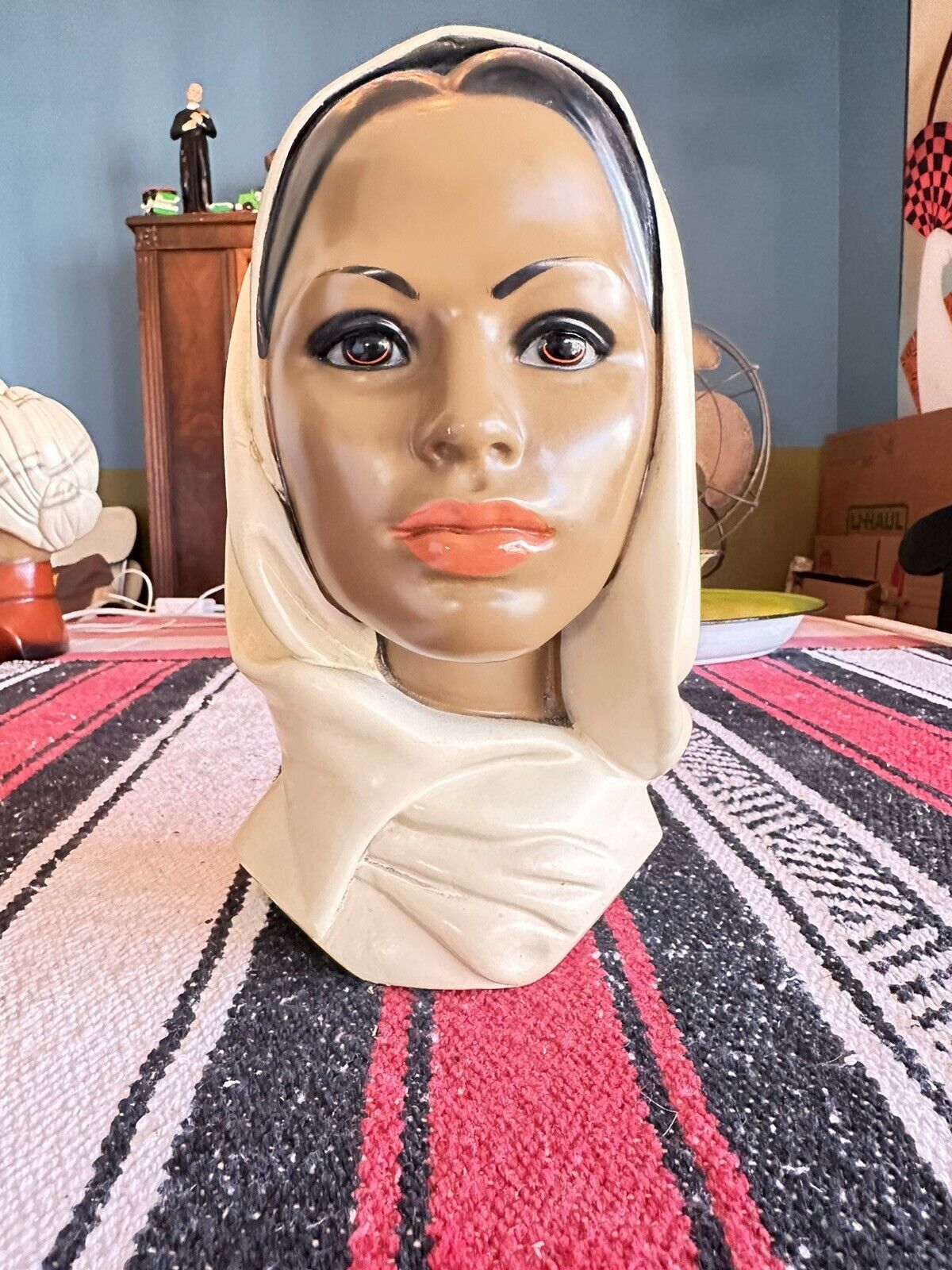 Vintage 60s Marwal Chalkware Bust Muslim Woman with Hijab Middle East Figurine