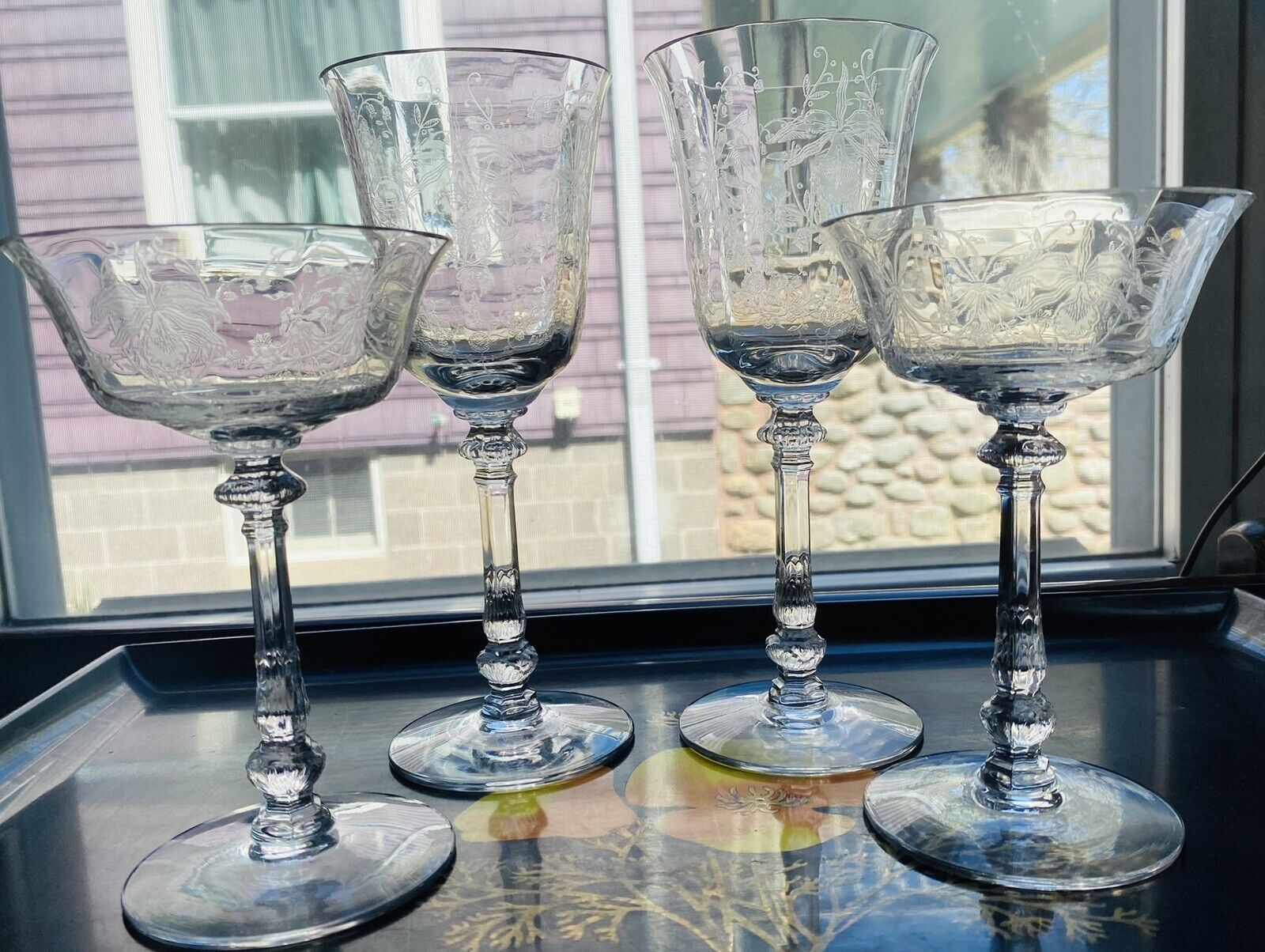 1940's Art Deco Heisey Orchid Water & Champagne Coupe Etch Glass Set Of 4