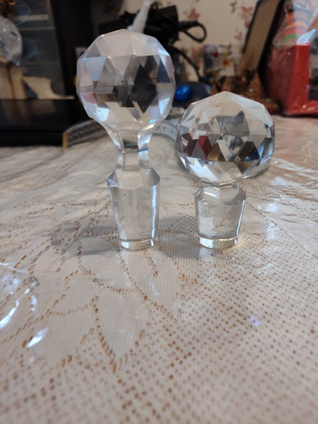 Vintage Cut Glass Crystal Decanter Stoppers Some Faceted 4 Inch 3 Inch Set Of 2 