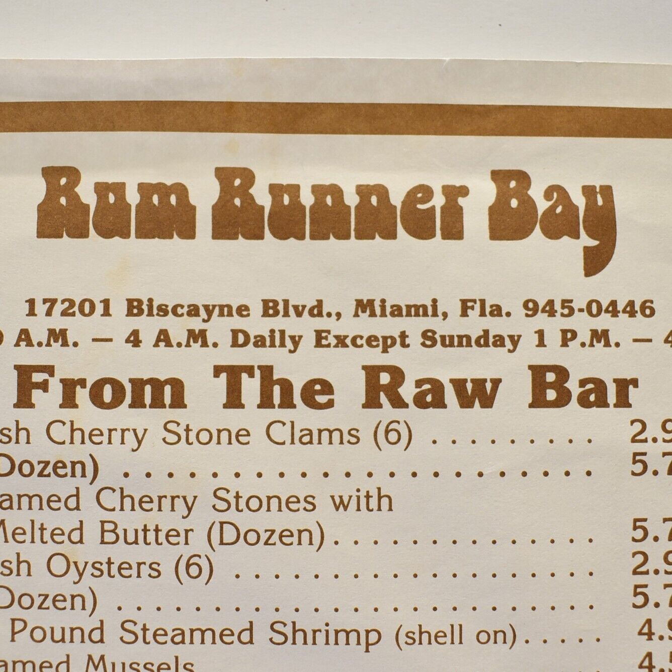 1984 Rum Runner Bay Restaurant Menu Biscayne Boulevard North Miami Beach Florida