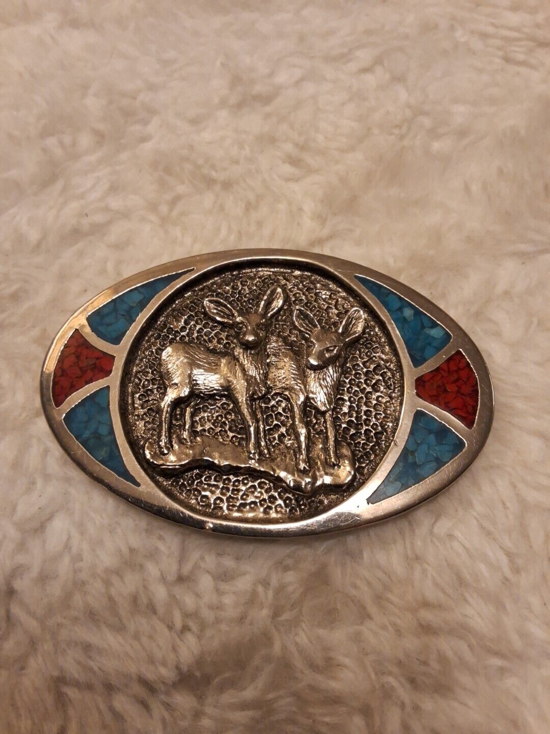 VINTAGE SILVER TURQUOISE & CORAL CHIP INLAY Dear BELT BUCKLE