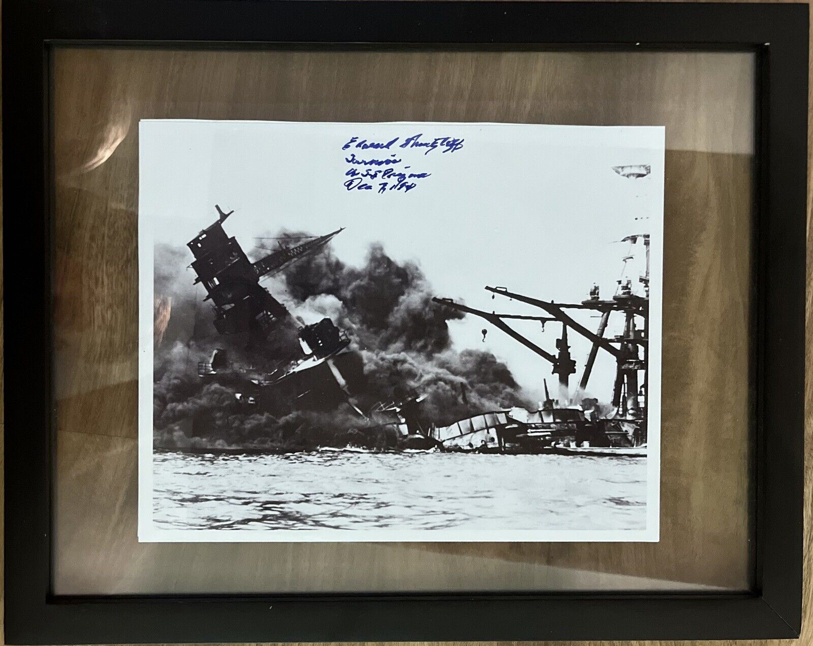 Framed photo: Sinking of the USS Arizona In Pearl Harbor, Dec 7, 1941
