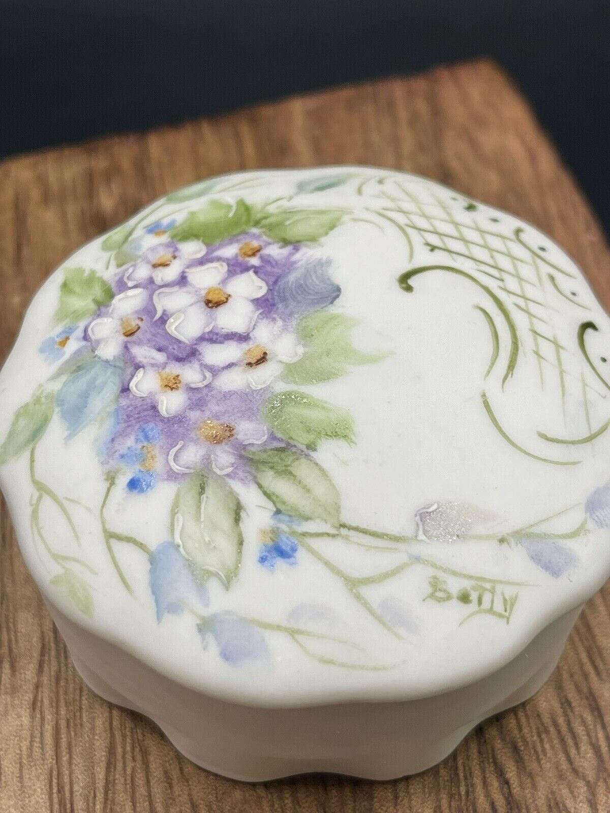 Vintage Hand-Painted Porcelain Trinket Box With Purple Florals, Signed