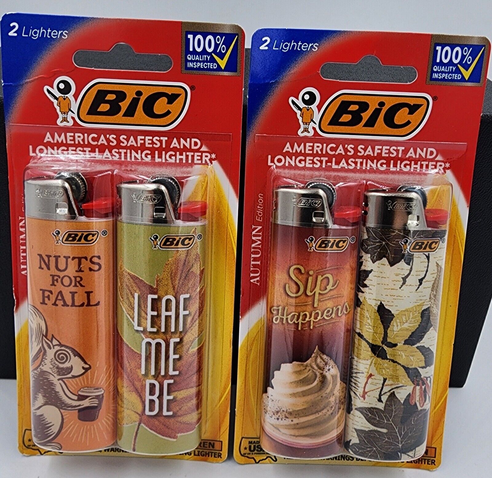 4 Bic Autumn Special Edition Lighters, Smoker Gift, Nuts for Fall, Leaf Me Be