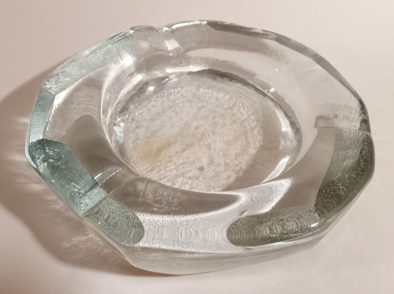 Vintage Art Glass Crystal Ice Textured Ashtray MCM Large Heavy Thick