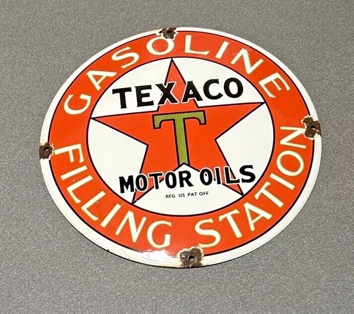 VINTAGE 12” DOMED TEXACO PORCELAIN SIGN CAR GAS OIL TRUCK