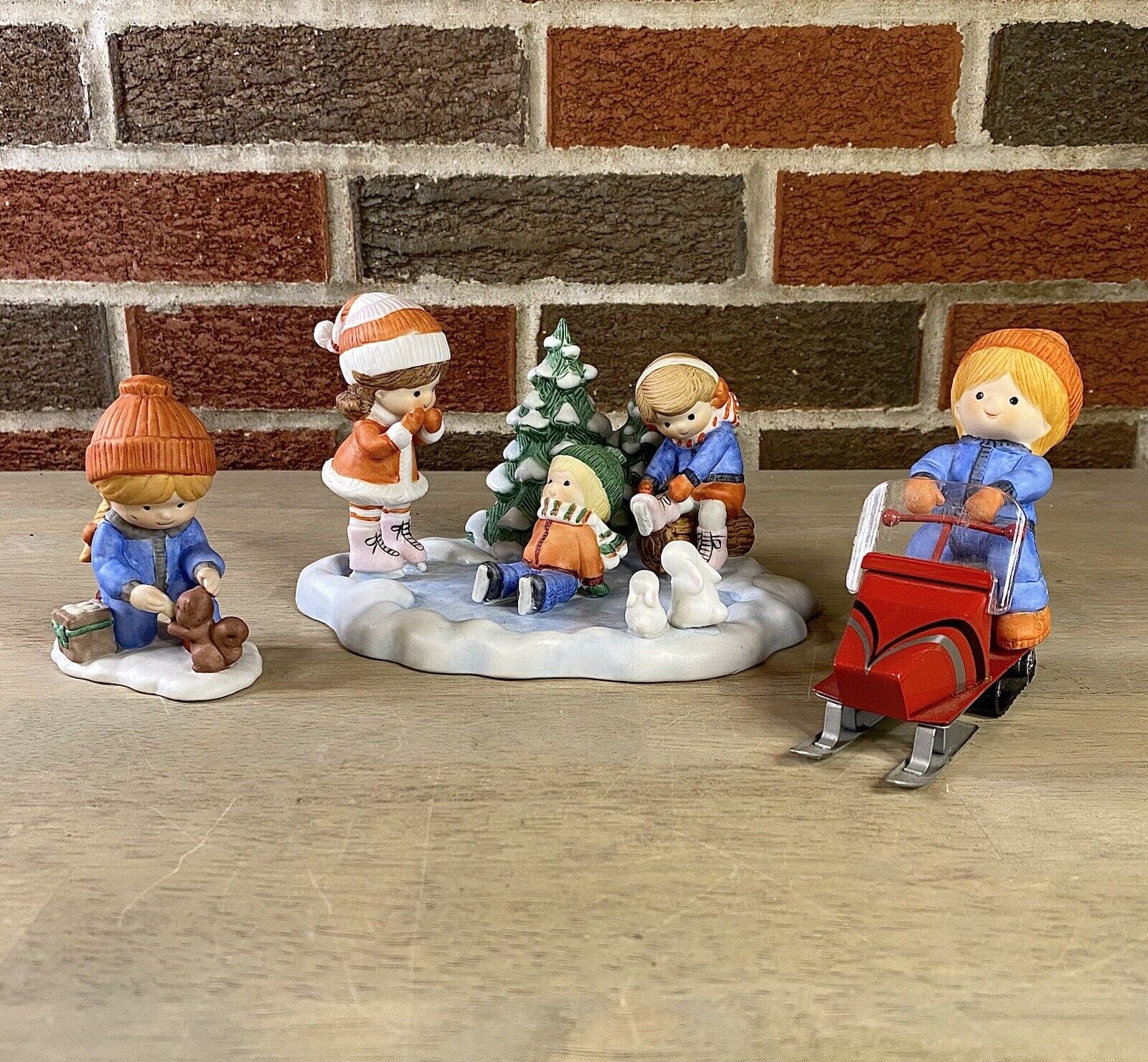 Country Cousins Standing Snow Enesco Porcelain Figurine Snowmobile, Ice Skating
