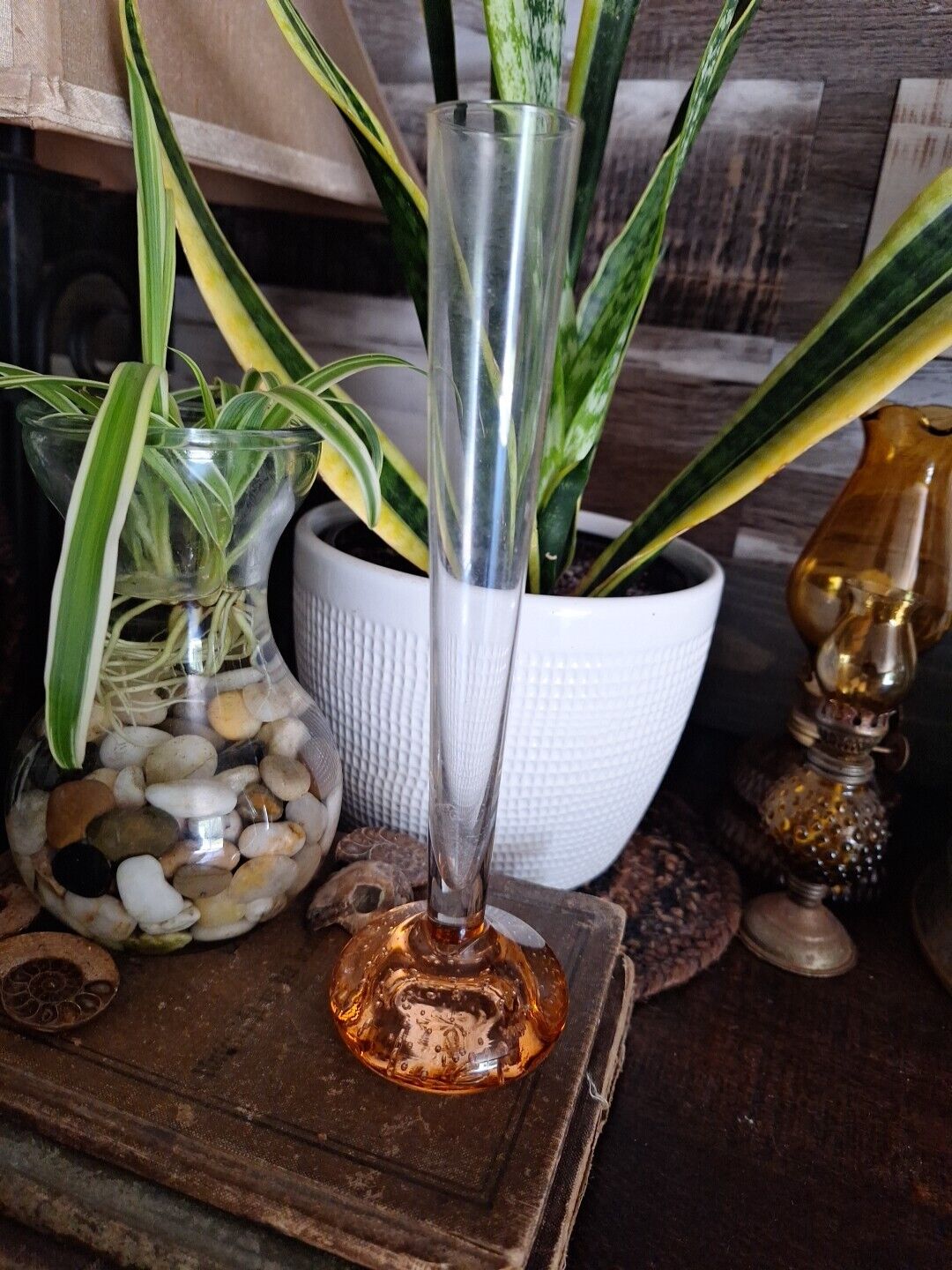 Hand Blown Controlled Bubble Base Peach Bud Vase