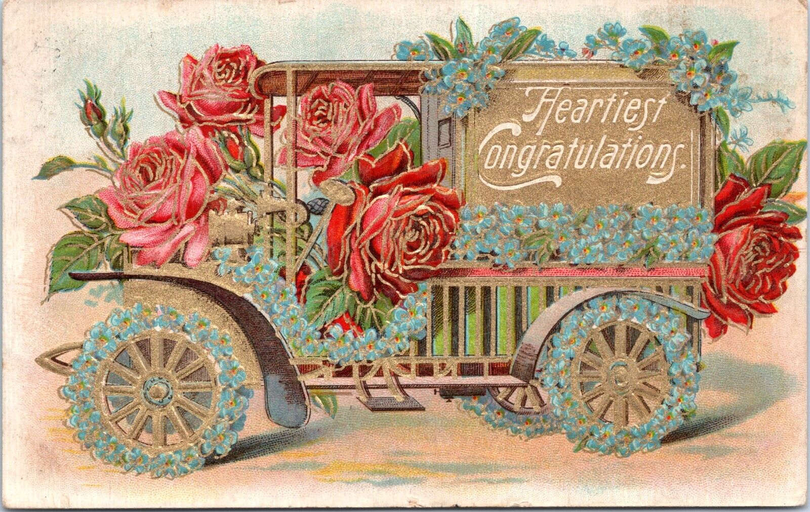 1909 Greetings Postcard - Heartiest Congratulations- Floral Car Truck Roses