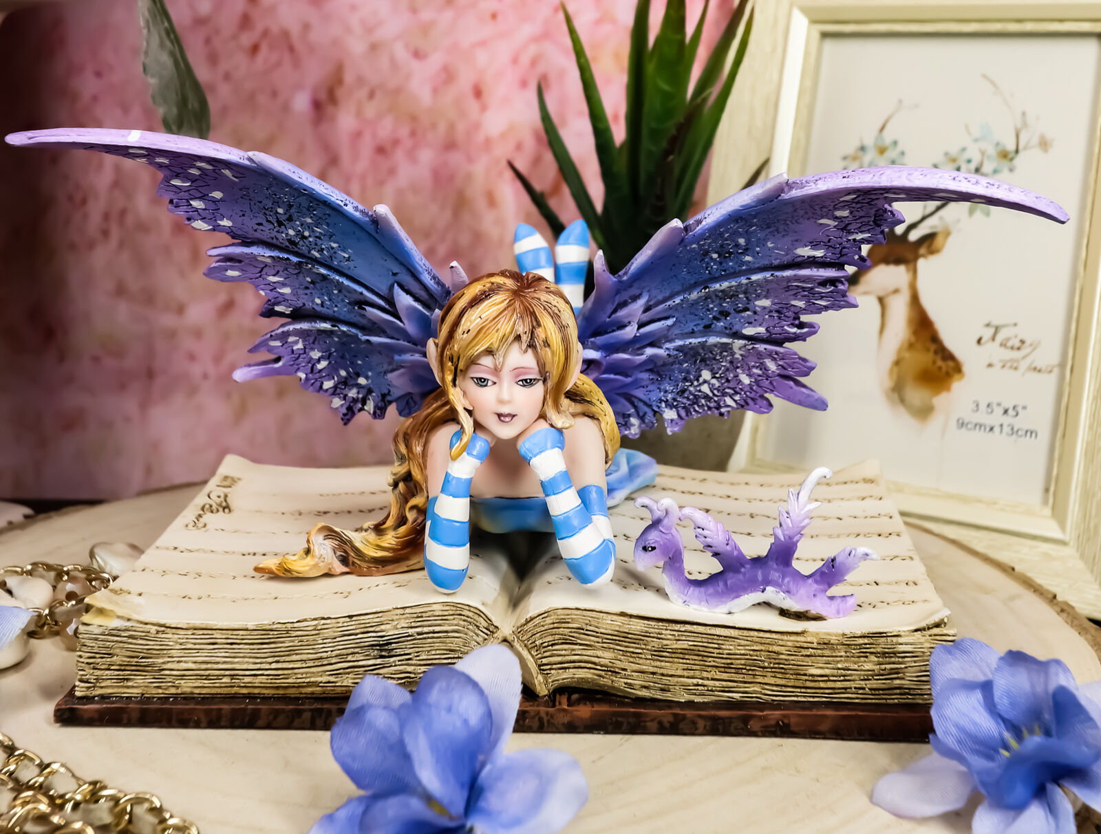 Ebros Amy Brown Purple Lavender Book Worm Fairy With Pet Dragon Statue 7.25\