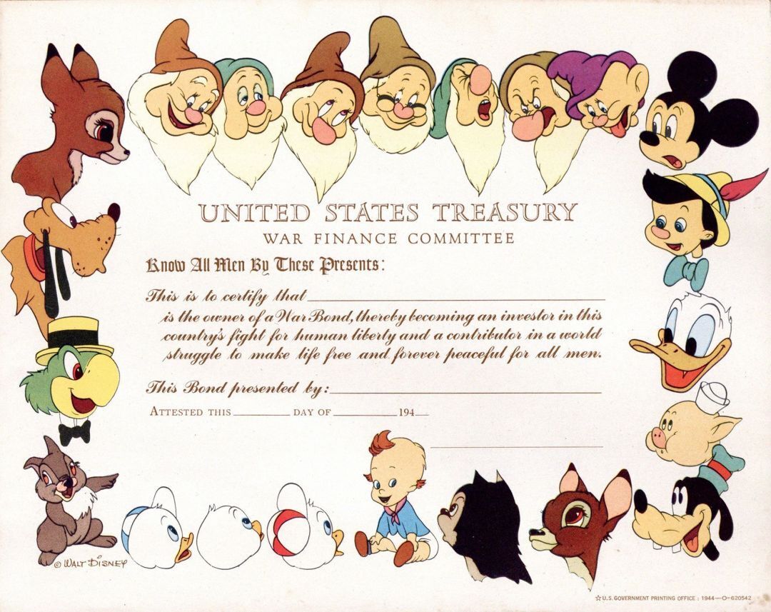United States Treasury - Disney Certificate for Purchasing War Bonds - U. S. Tre