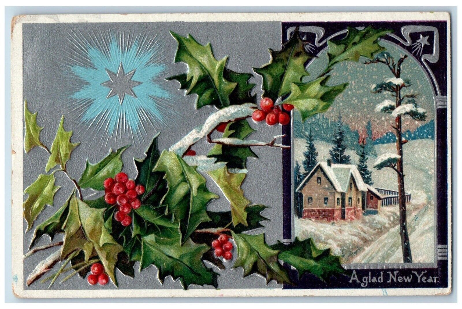 Neosho Wisconsin WI Postcard New Year Holly Berries House Snow Winter 1912