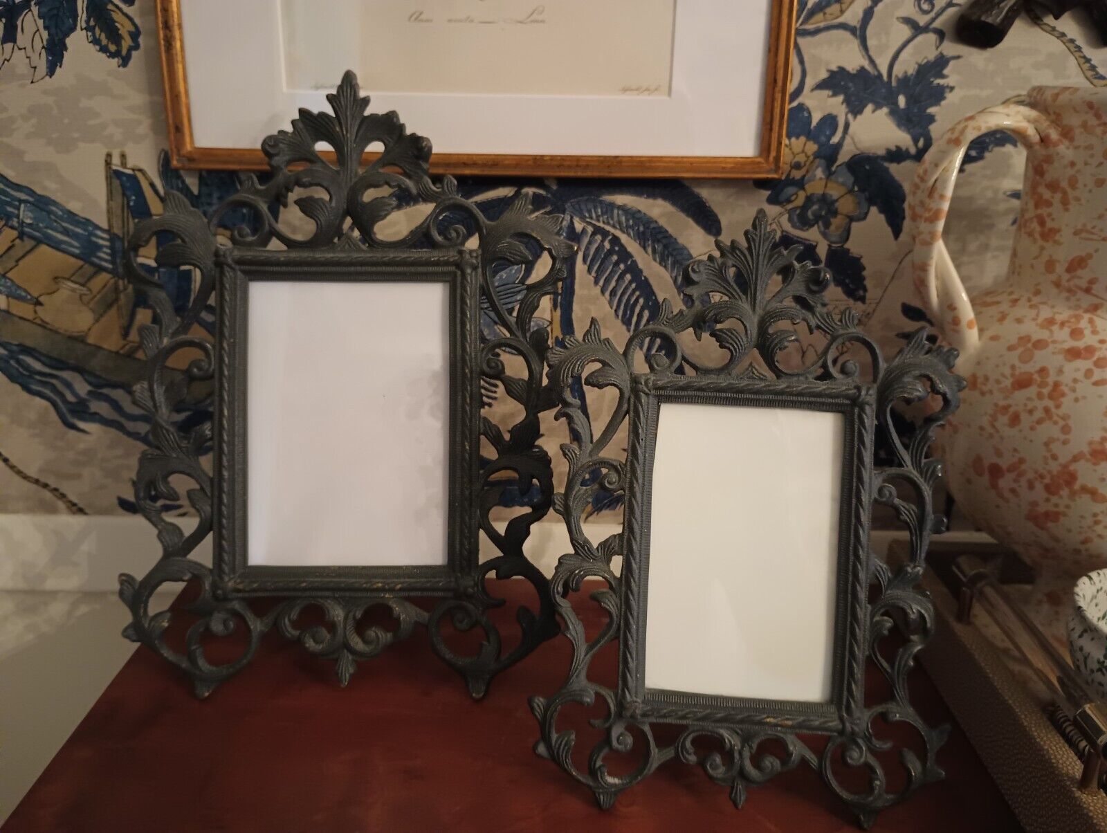 2 Victorian scroll photo frames iron vintage antique restoration hardware euc