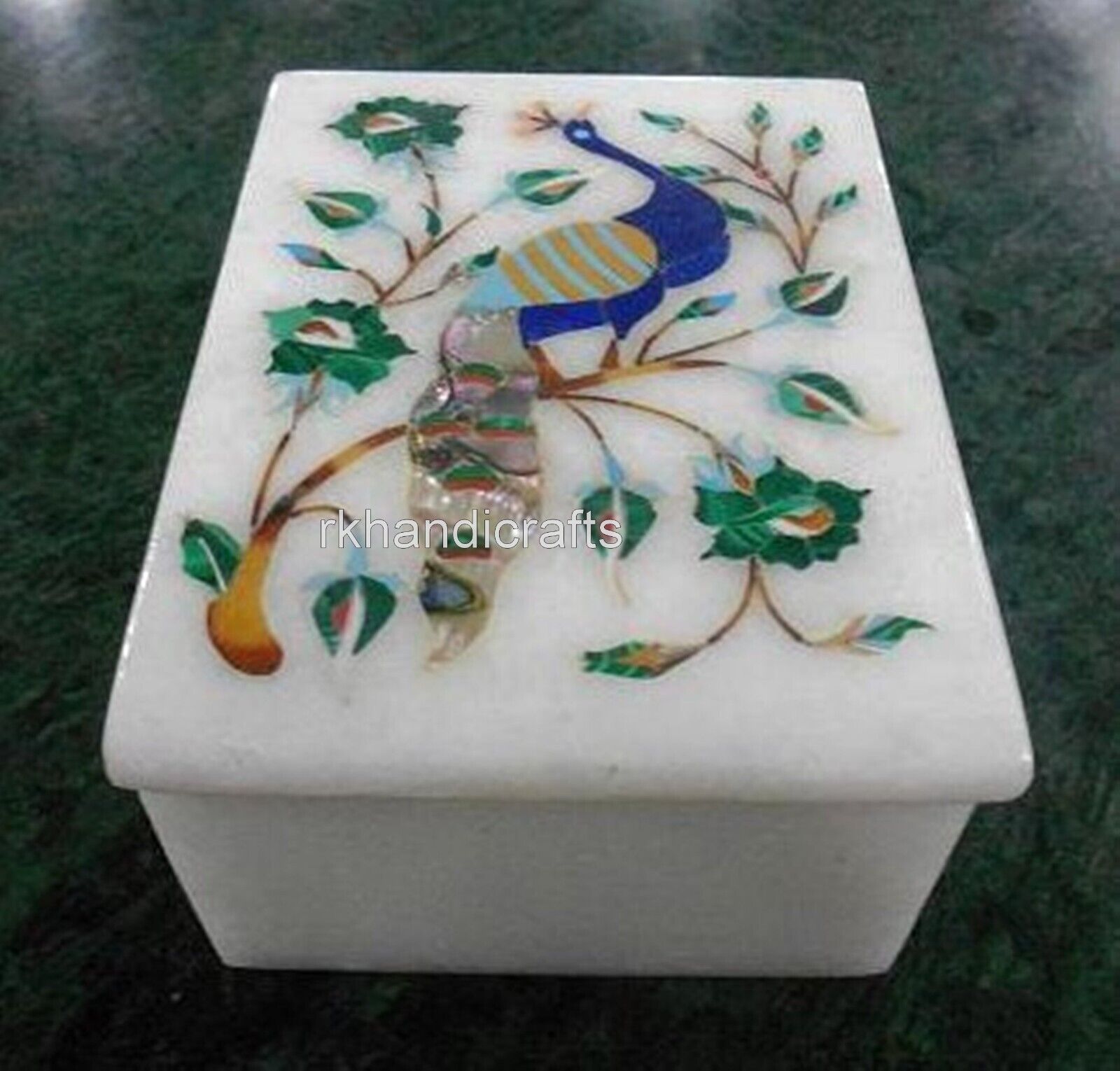 6 x 4 Inches Peacock Pattern Inlay Work Trinket Box for Her Marble Multiuse Box
