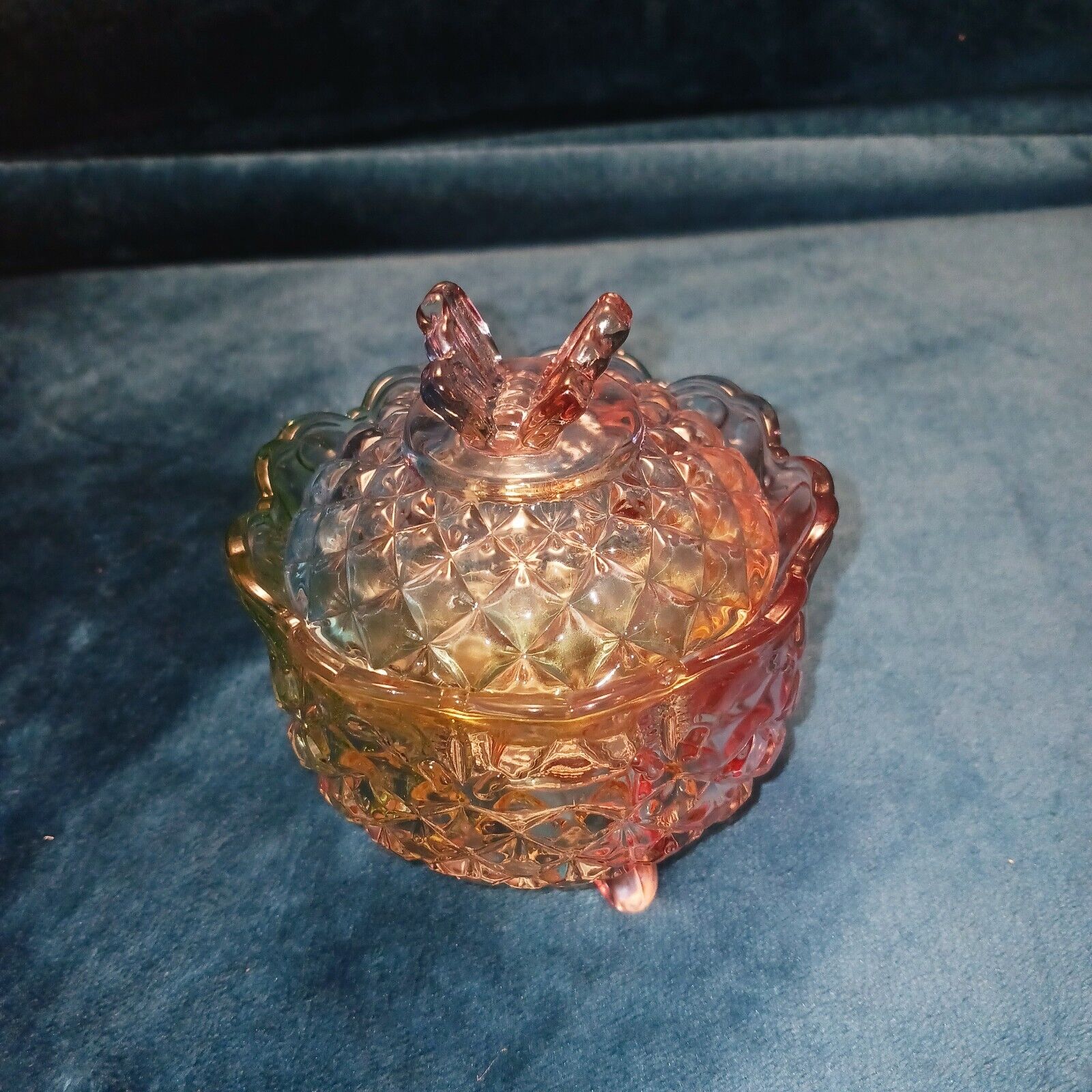 Vtg Rainbow Glass Vanity Dish Lidded With Butterfly