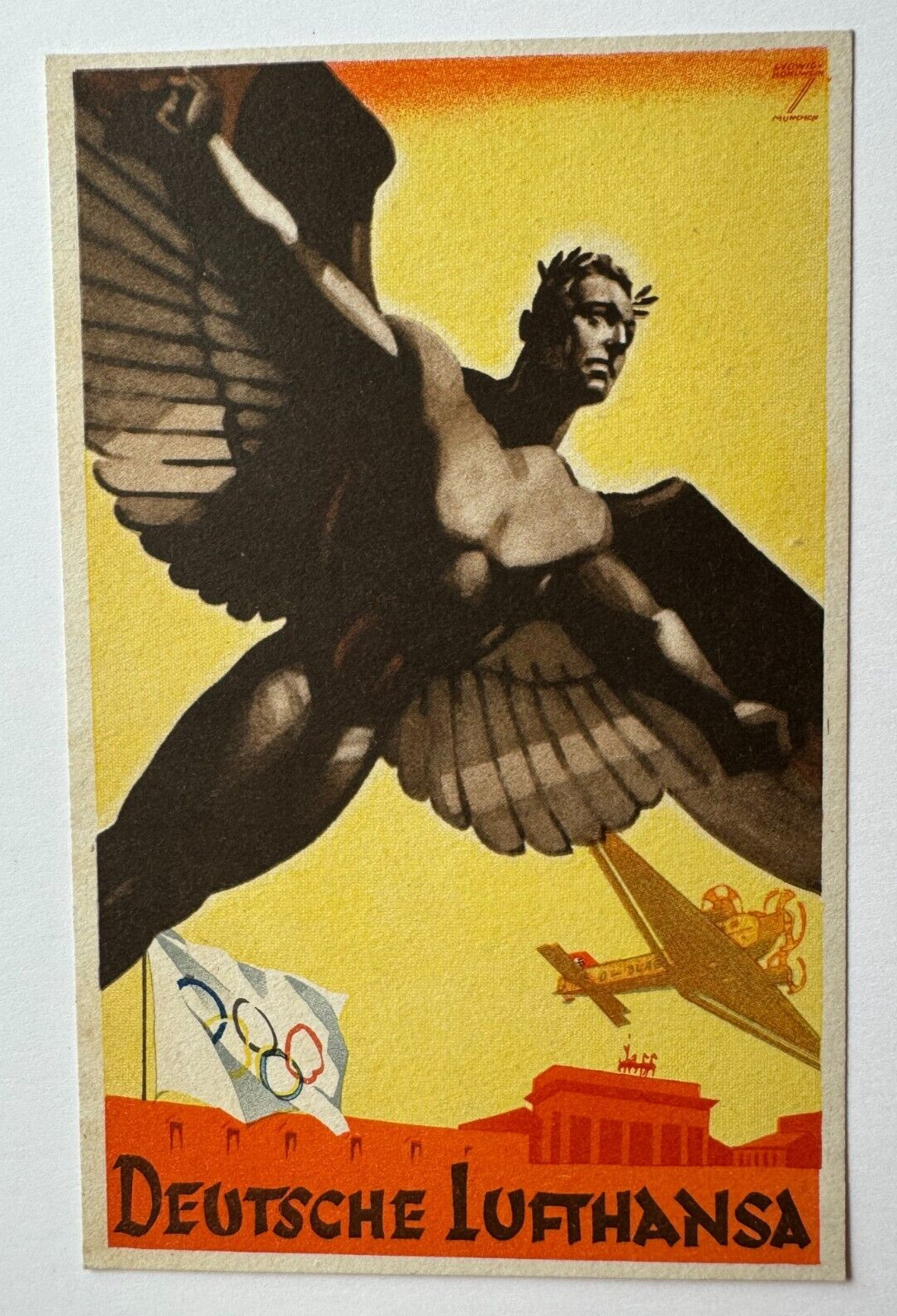 1936 Olympics Postcard Germany Deutsche Lufthansa Airlines propaganda art rings