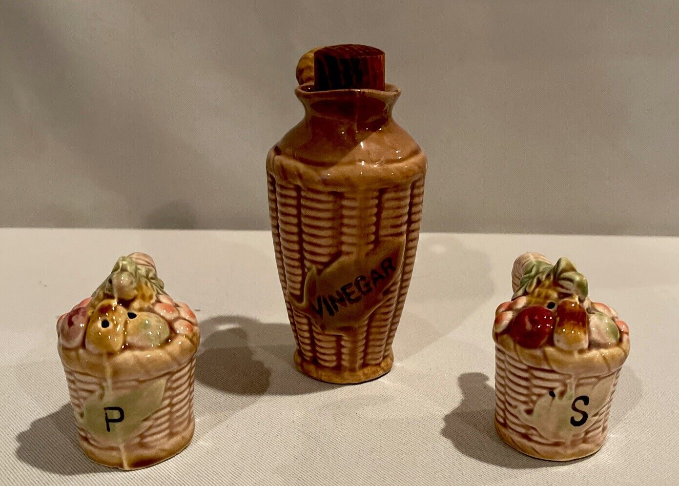 Tilso MCM Vintage Basketweave/fruit Pattern Vinegar Jug & Salt&Pepper Shaker