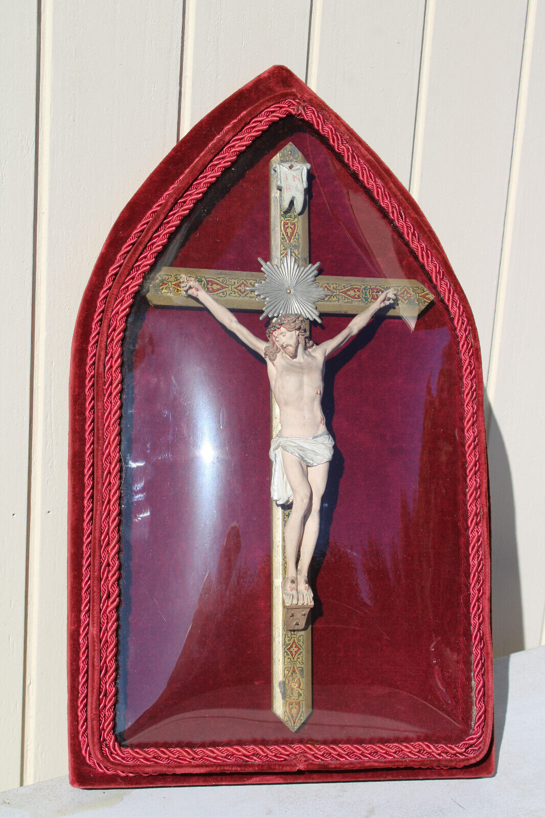Antique Red velvet French convex glass globe crucifix rare religious