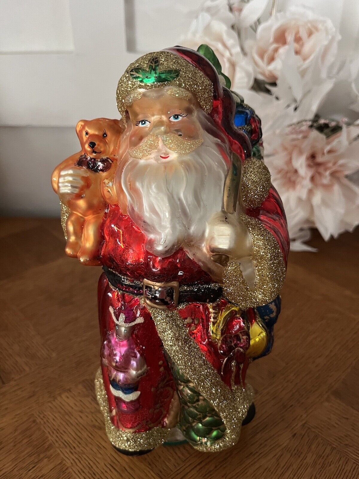Vintage Glass Santa Holding Teddy Bear Figurine 9.5”