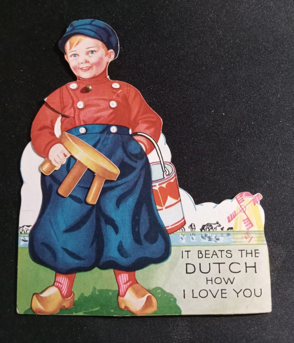 Vintage CARRINGTON CO. MECHANICAL Valentine\'s Day Card Dutch Boy Moveable Arm