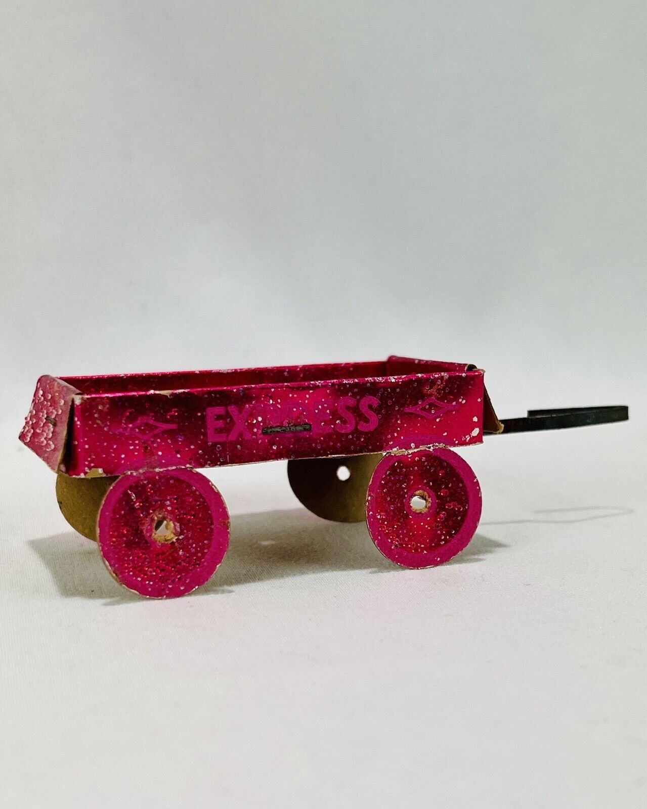 Vintage Sugared Cardboard Christmas Ornament Hot Pink Express Toy Children Wagon