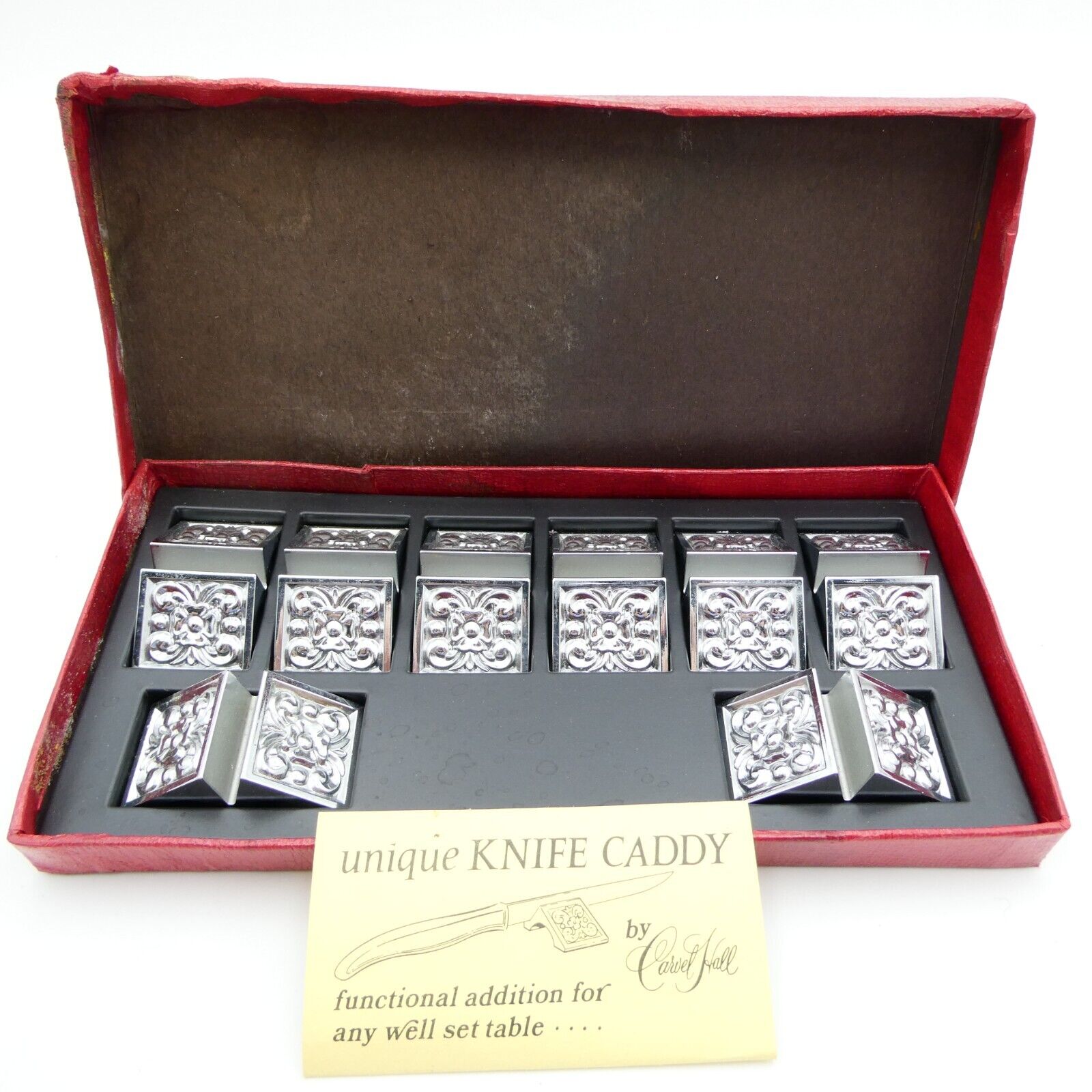 Carvel Hall Silvertone Metal Knife Caddy Place Card Holder Set of 6 VTG MCM New