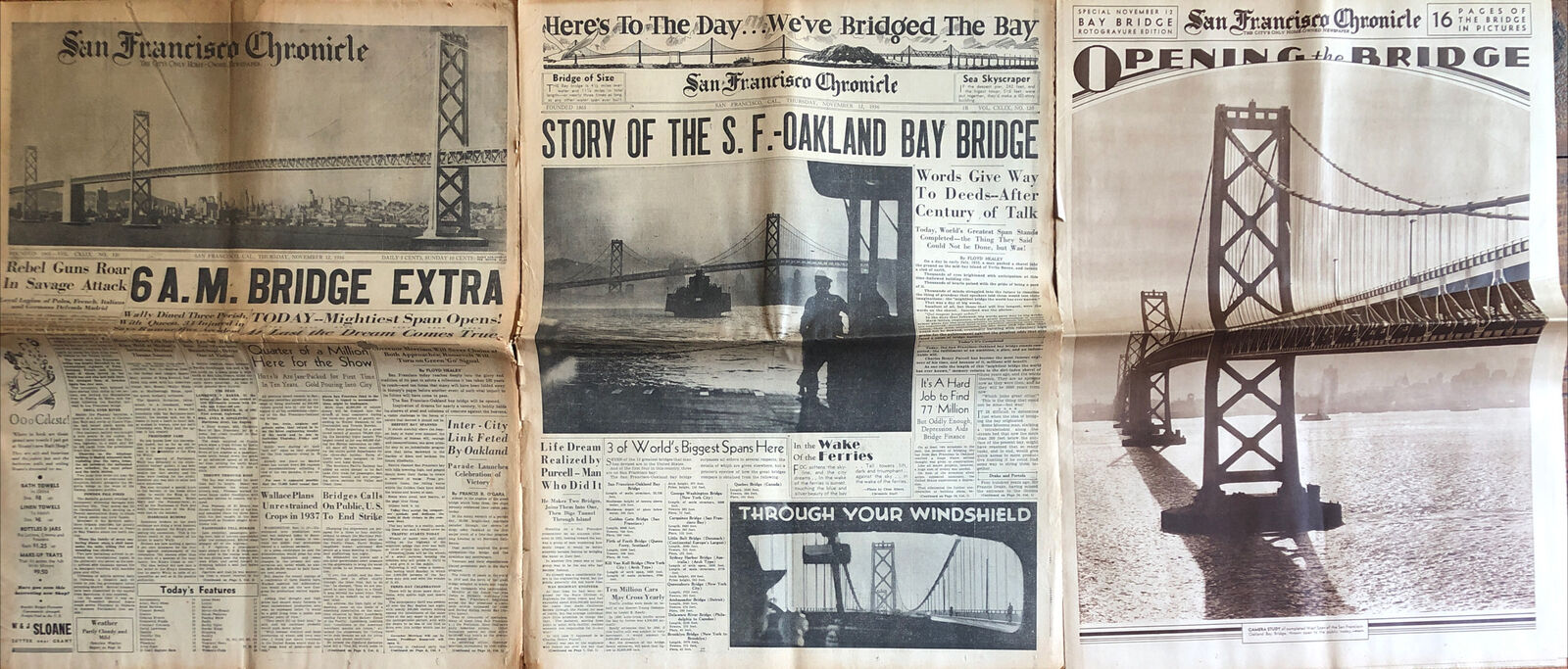 Bay Bridge Completed Original 1936 San Francisco Chronicle Newspapers Oakland