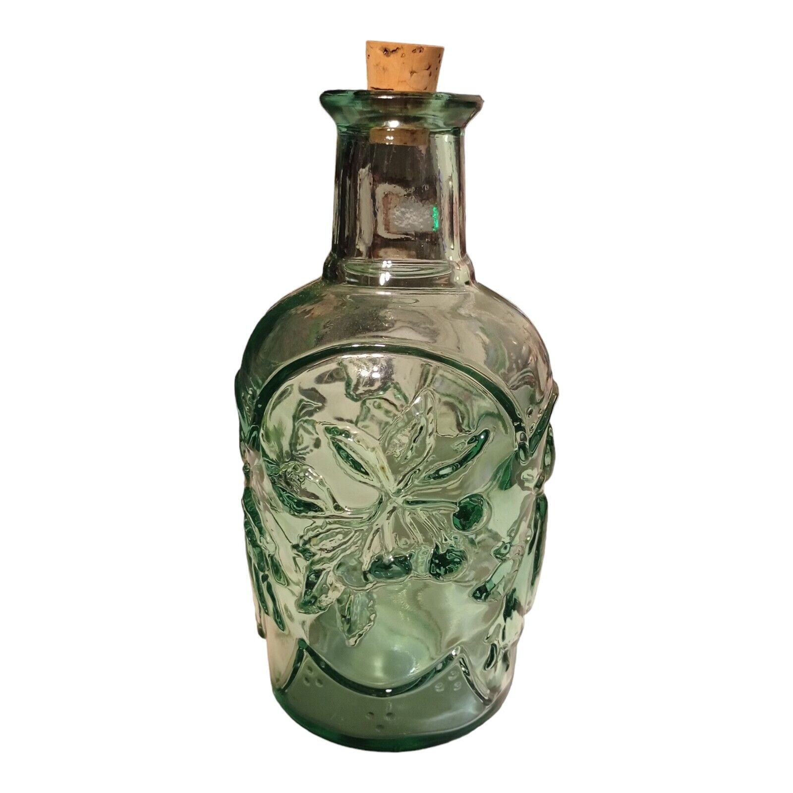  DECANTER Fruit Embossed Green Glass Bottle With Cork by Libbey 8\