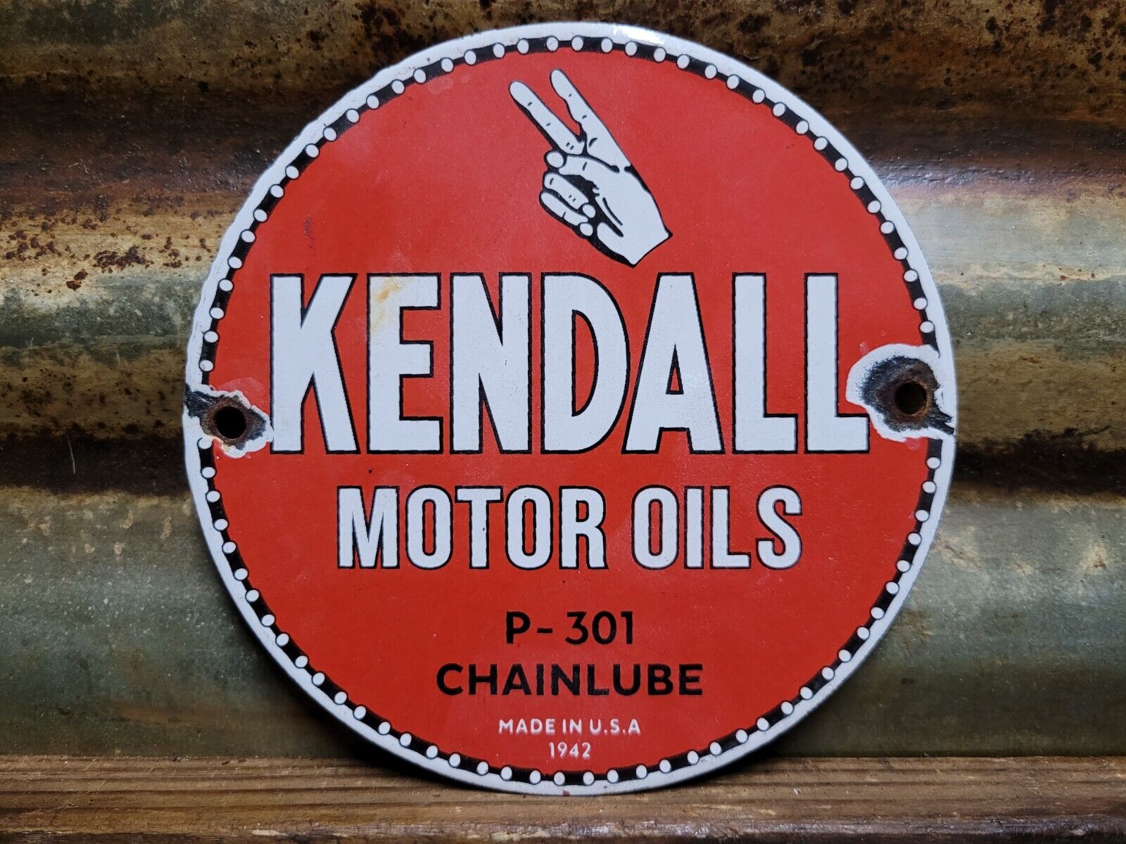VINTAGE 1942 KENDALL PORCELAIN SIGN CHAINLUBE ADVERTISING AUTOMOBILE MOTOR OIL
