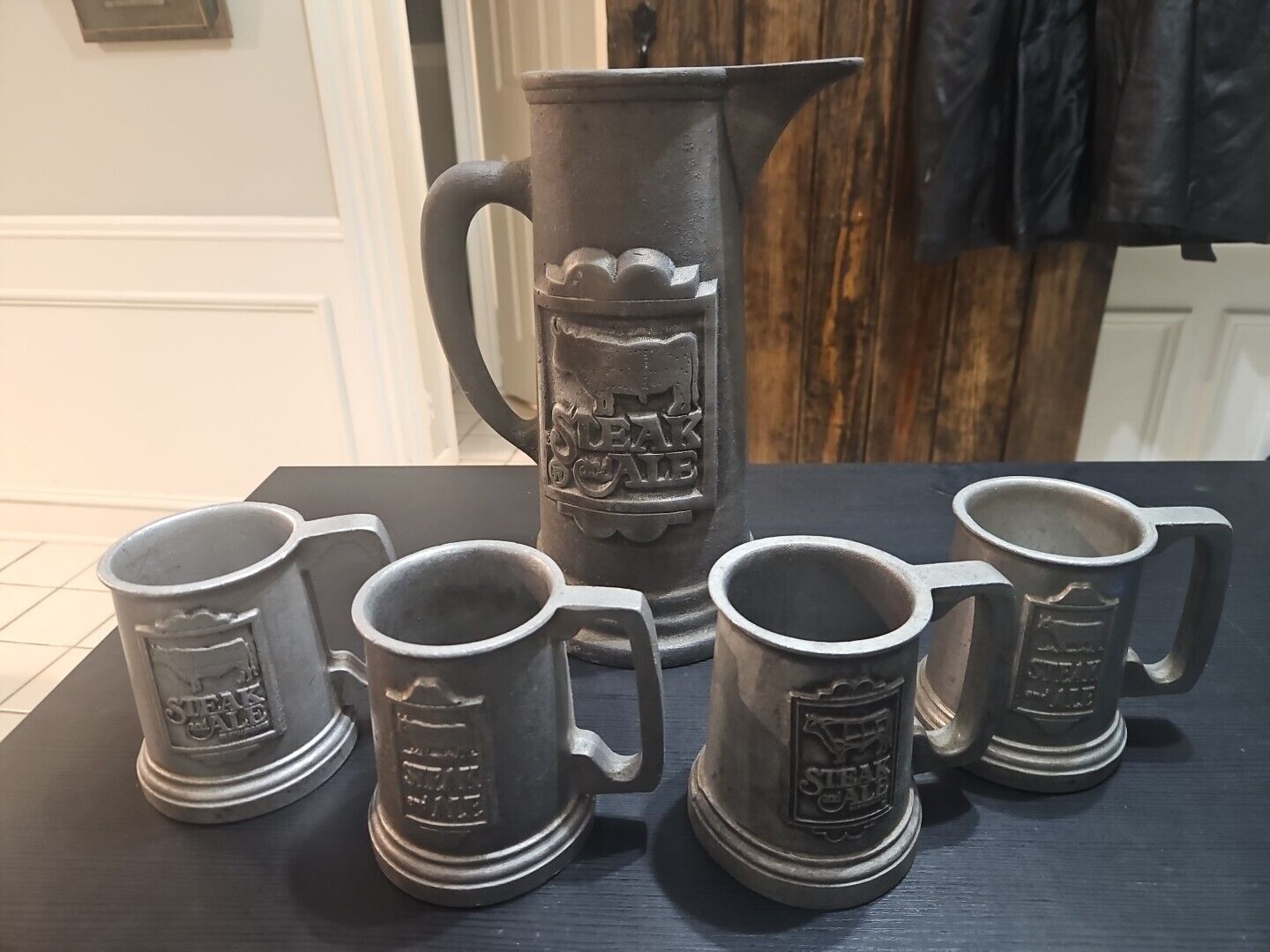 Steak And Ale Pitcher And Four Tankards Pewter Set Vintage Wilton Columbia