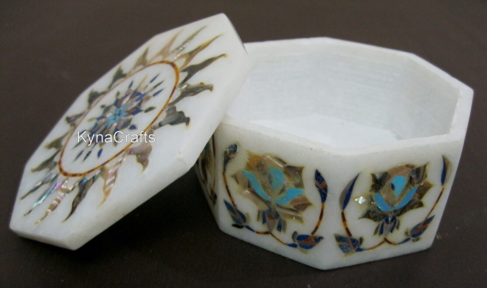 4 Inches White Octagon Marble Ear Studs Box Floral Design Inlay Work Trinket Box