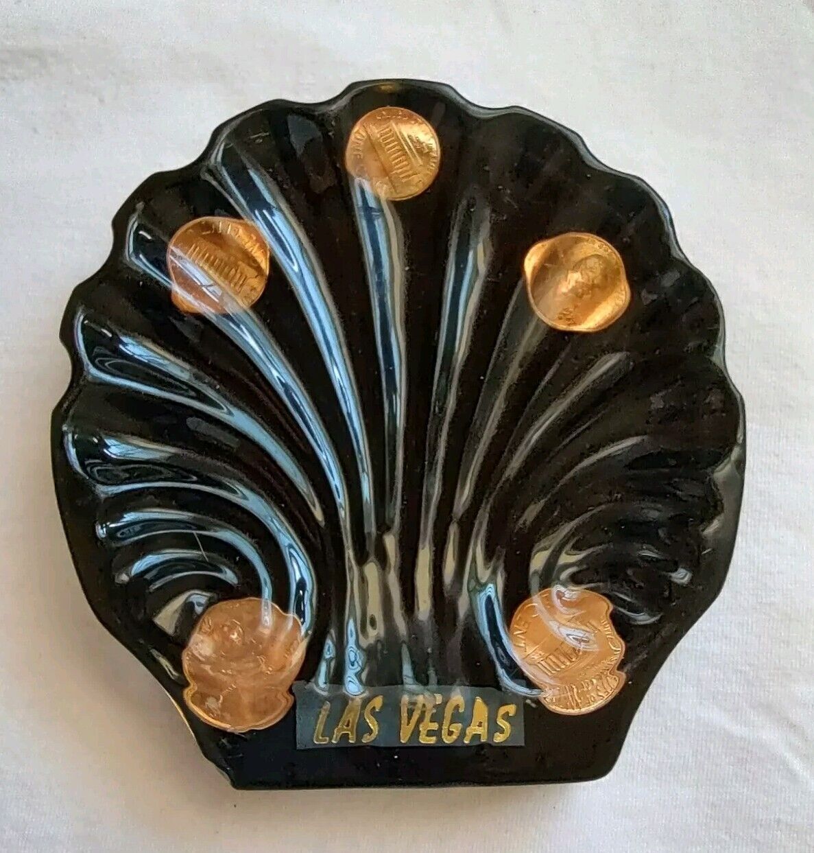 1970\'s Vintage Las Vegas Lucky Penny Sea Shell Shaped Trinket Dish Resin Black