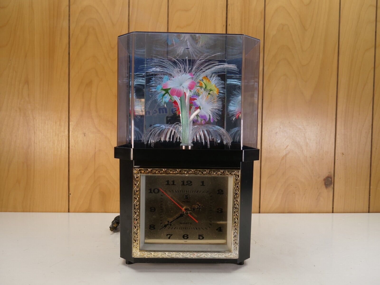 Vintage Fiber Optic Motion Lamp Gold Clock Spinning Flowers Tested