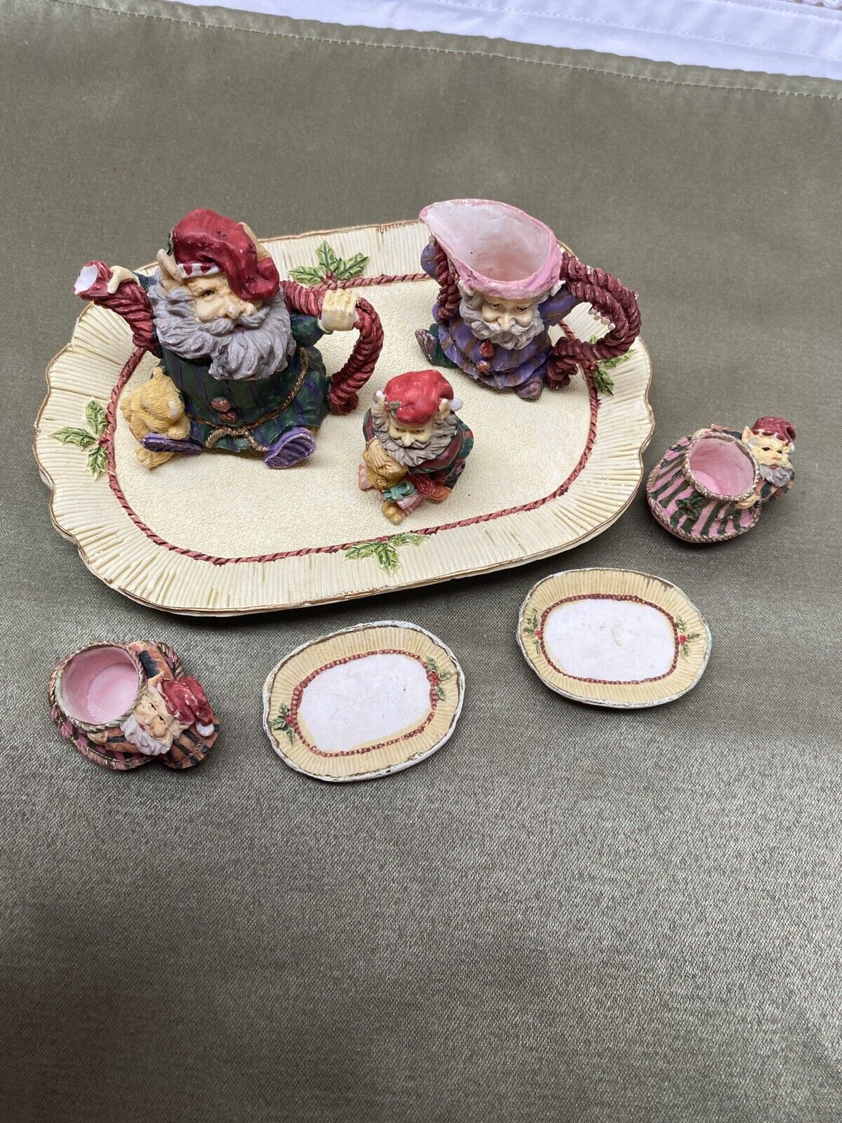 Vintage Miniature Tea Set with Santa Claus & Elves 10 pcs Holiday Decor