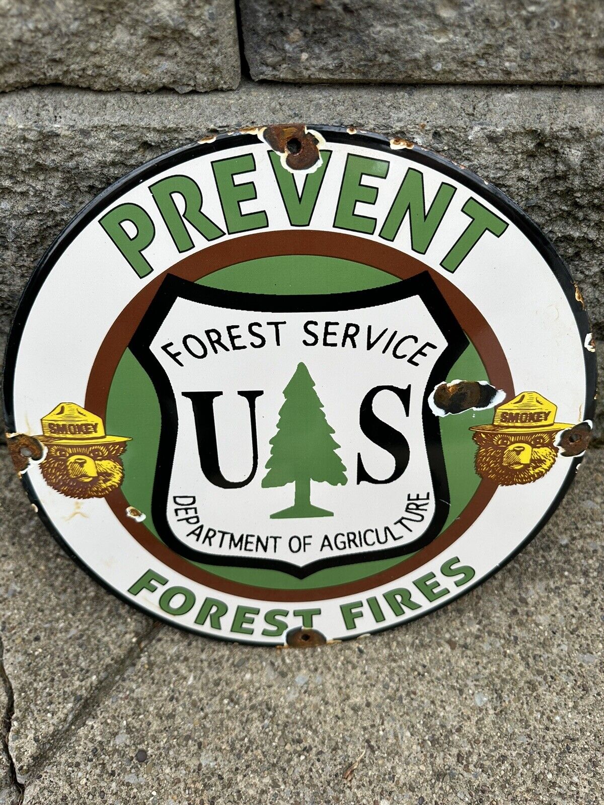 Vintage Forest Service Sign - Smokey the Bear Hiking Camping Gas Porcelain Sign