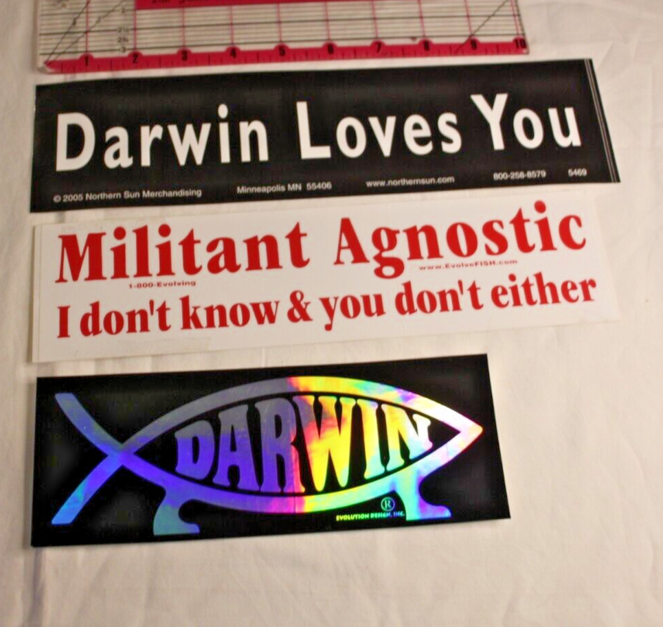 Atheist Bumper Sticker lot of 3 Darwin loves you, Militant Agnostic I don't know