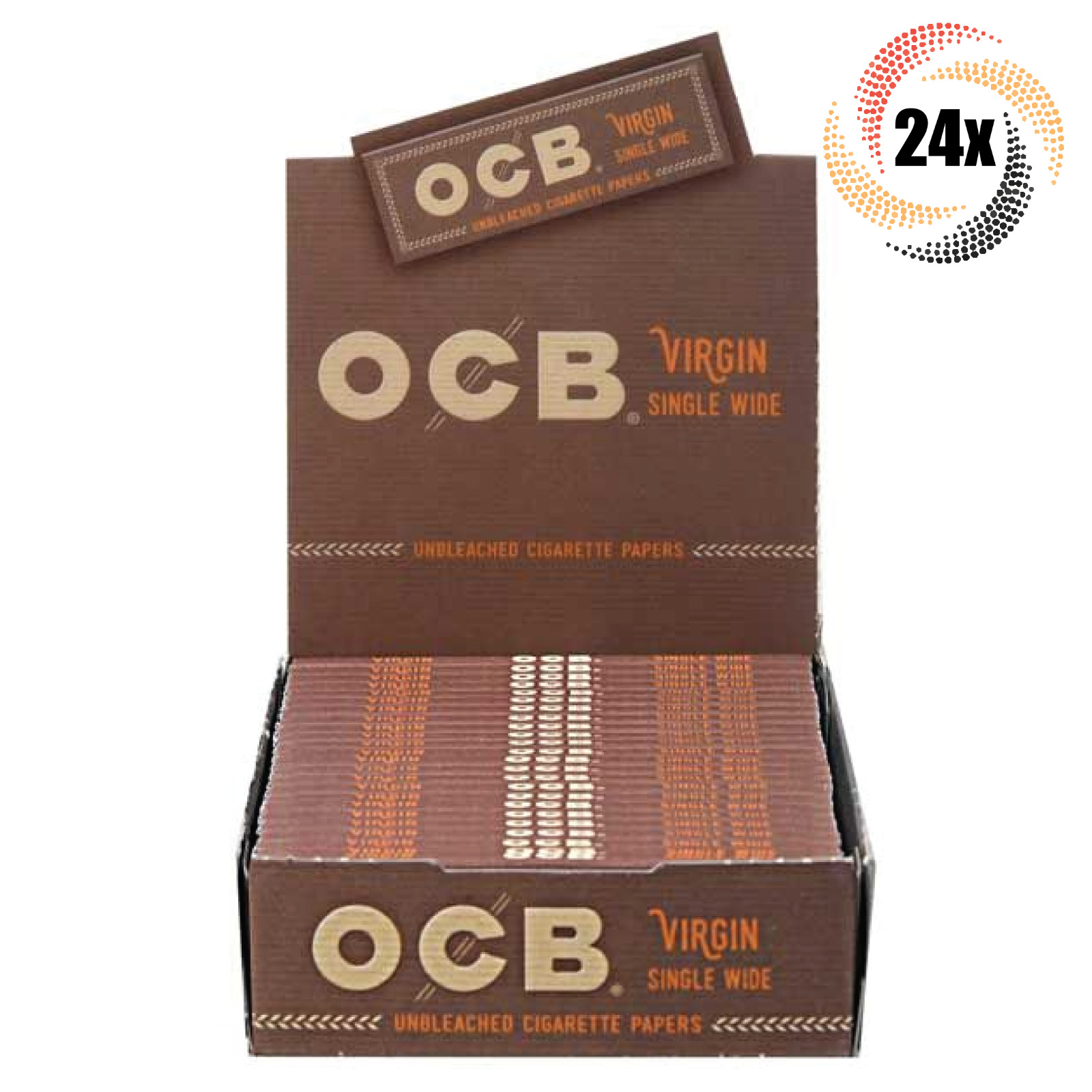 Full Box 24x Packs OCB Virgin Single Wide Papers | 32 Papers Each | 2 Free Tubes