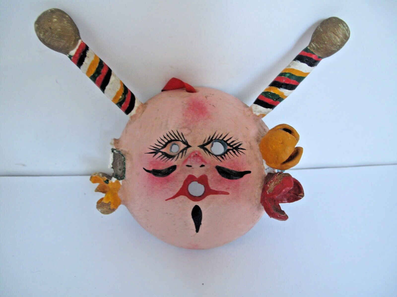 Vintage Mexican Folk Art Coconut Shell Mask Hand Painted Face with Baton's