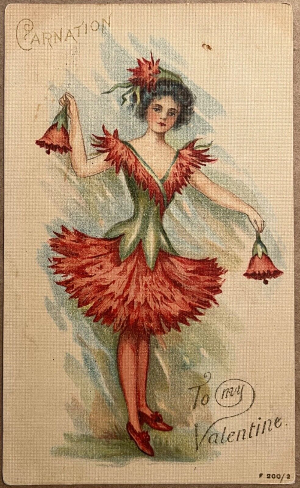 Valentines Day Pretty Girl Red Carnation Fantasy Antique Postcard c1900