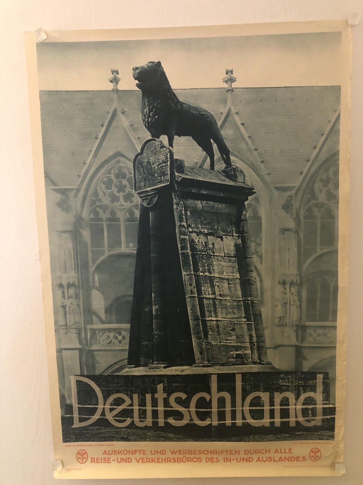 Vintage 1930’s Lion Of Brunswick Town Hall German Travel Poster, Rolled, 20x29