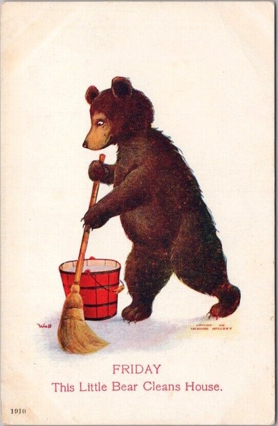 c1910s Ullman BUSY BEARS Greetings Postcard FRIDAY This Little Bear Cleans House