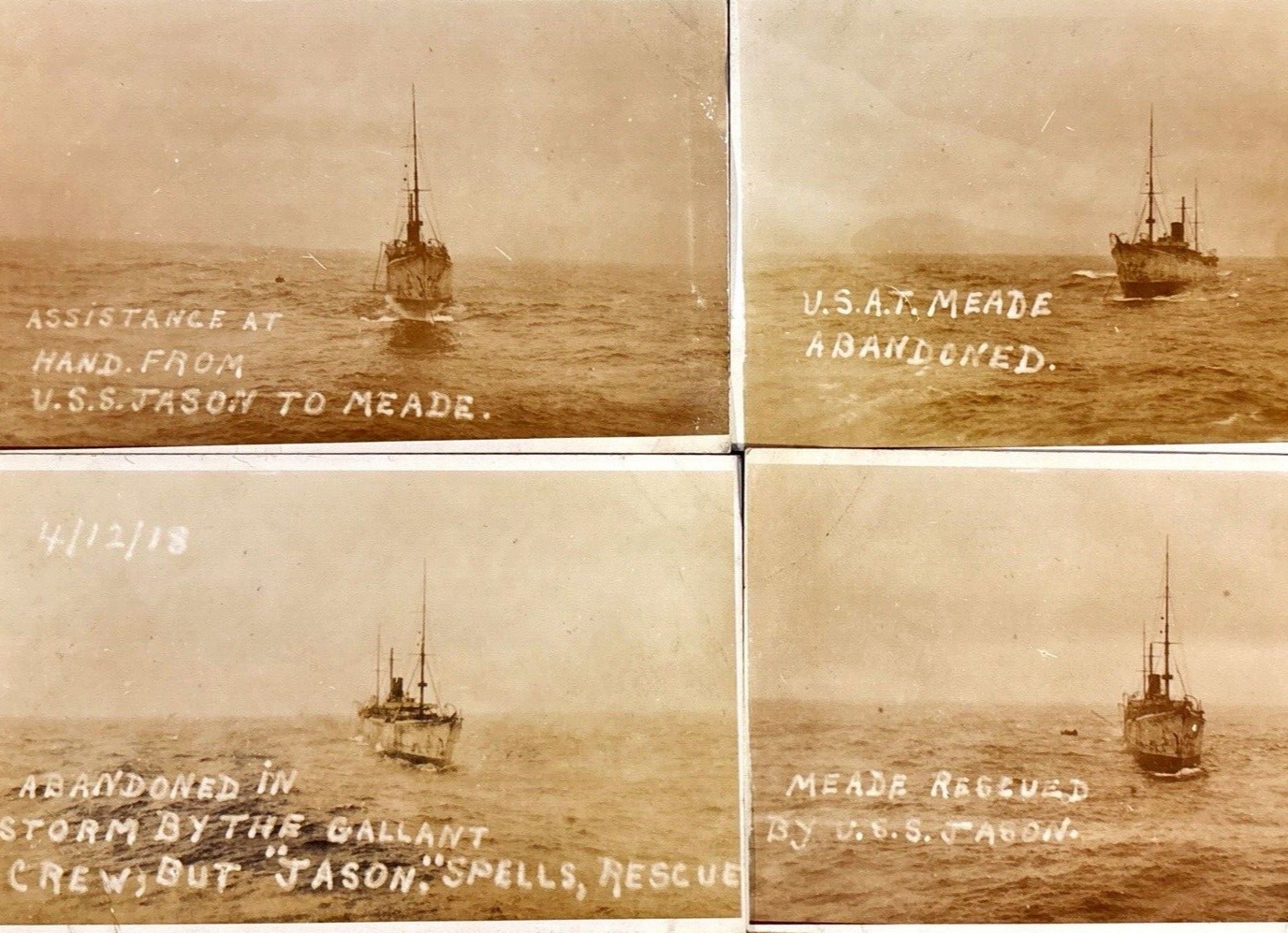 WWI USS Jason AC-12 Rescues USAT Meade Army Transport 4 Postcard Set RPPC